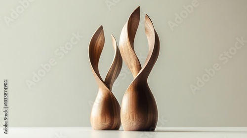 Two wooden sculptures of flowers are sitting on a white table photo