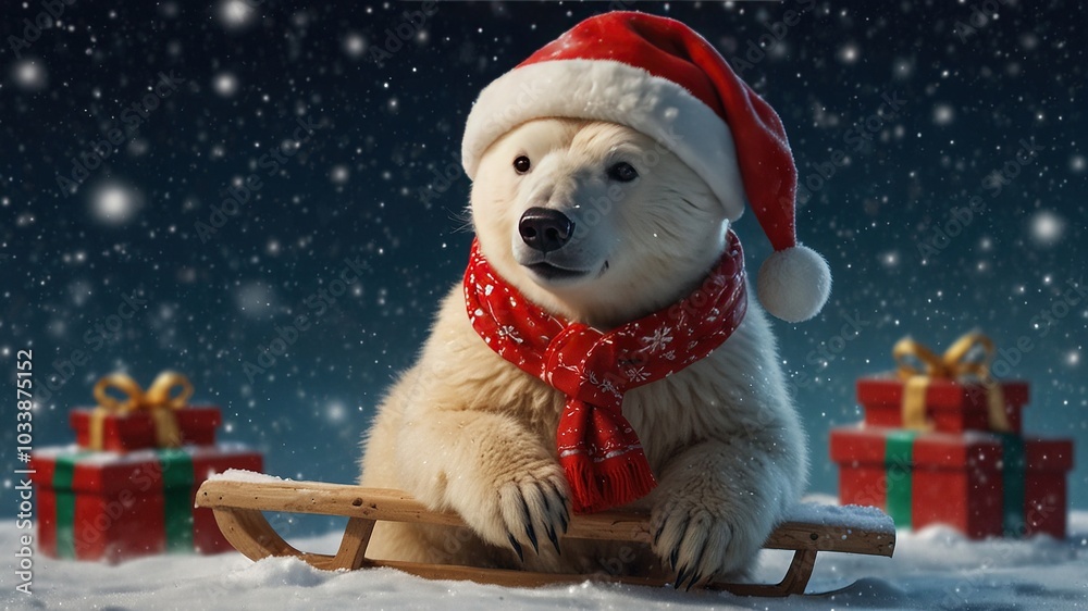 Christmas Polar Bear with Gifts on Sleigh Illustration Christmas Polar Bear with Gifts on Sleigh Illustration