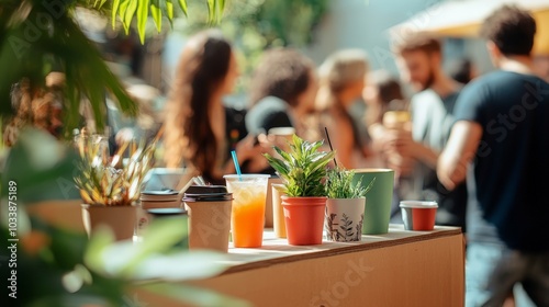 A dynamic shot of a zero-waste event with guests bringing their own cups and enjoying eco-friendly beverages