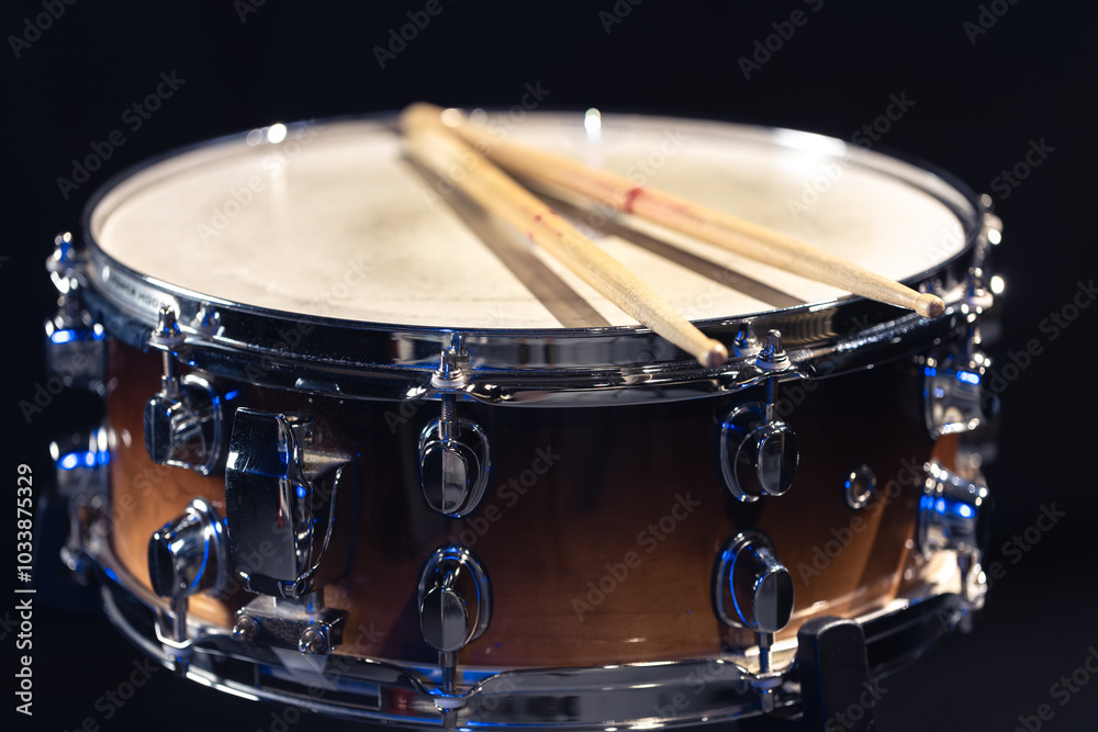 Drum close-up. Drumsticks with a drum. Drum close-up. Drumsticks with a drum.