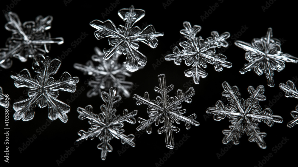 Intricate snowflakes floating against a dark background in winter's chilly embrace Intricate snowflakes floating against a dark background in winter's chilly embrace