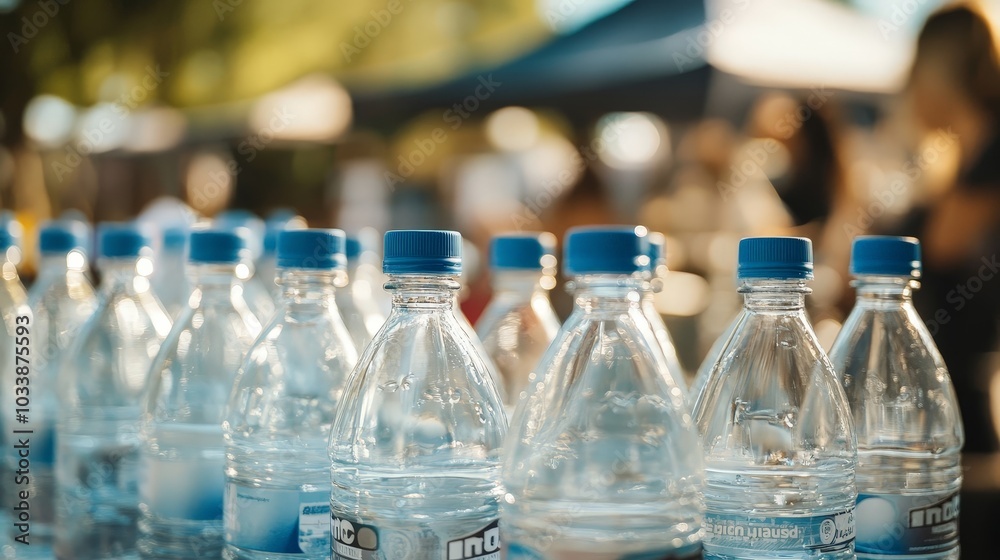A dynamic shot of water bottles lined up on a table during a community event, promoting health and hydration A dynamic shot of water bottles lined up on a table during a community event, promoting health and hydration