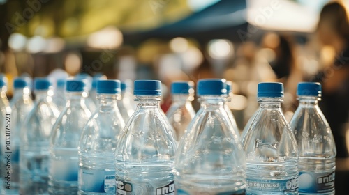 A dynamic shot of water bottles lined up on a table during a community event, promoting health and hydration