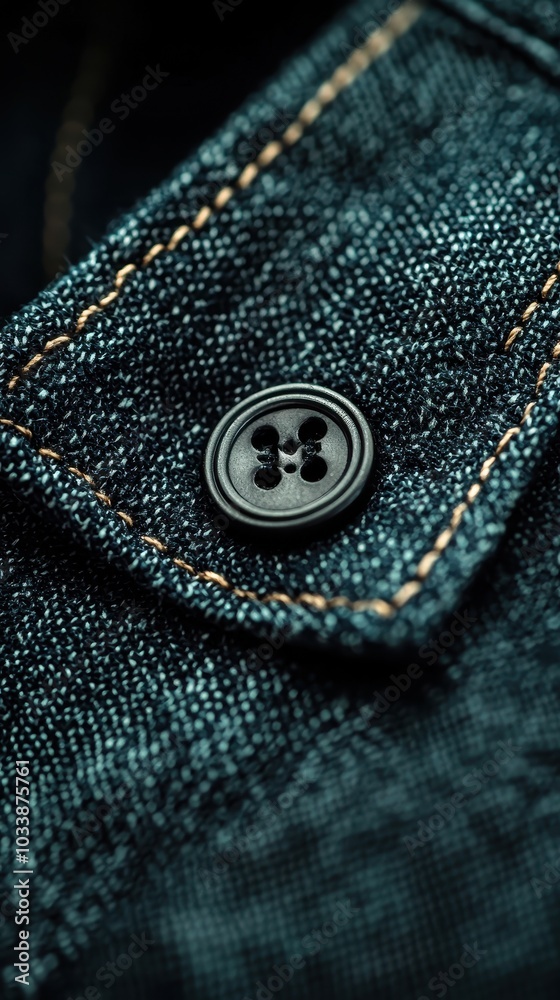 Close-up of a black button on denim fabric, showcasing texture and detail.