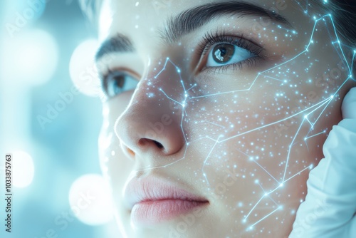 Close-up of a young woman with digital facial features illuminated by technology, showcasing innovation and beauty in modern science.