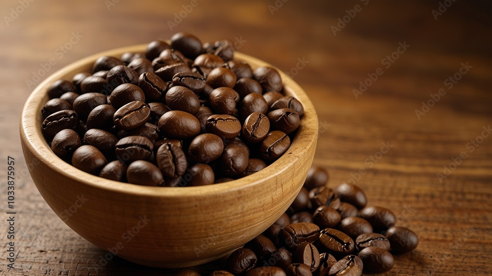 Coffee Beans on a Wooden Bowl with Copy Space Coffee Beans on a Wooden Bowl with Copy Space