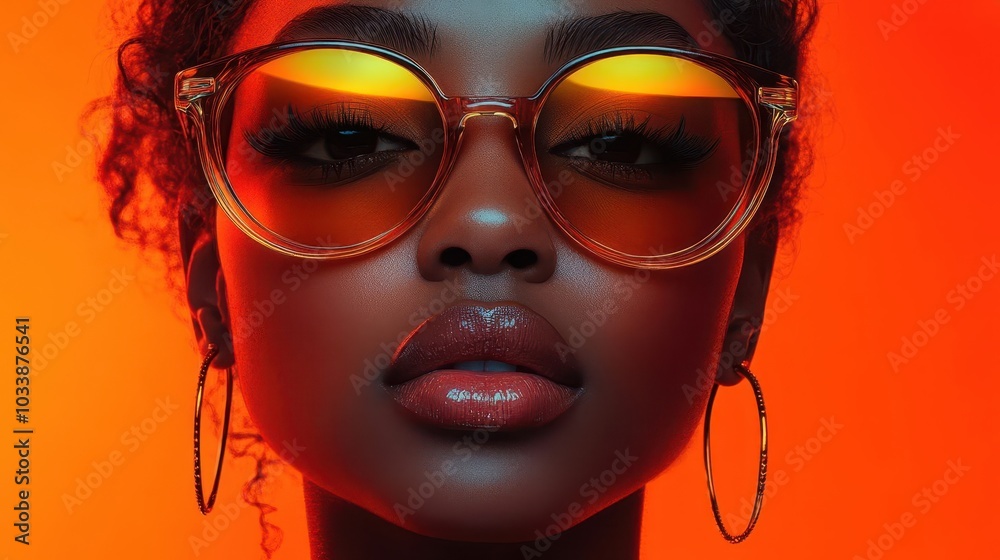 stylish modern pop art portrait of a fashionable woman in bold golden sunglasses set against a vivid orange backdrop capturing the essence of retro fashion and vibrant culture stylish modern pop art portrait of a fashionable woman in bold golden sunglasses set against a vivid orange backdrop capturing the essence of retro fashion and vibrant culture