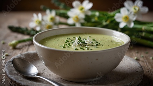 Creamy Spargelsuppe with Chive Blossoms