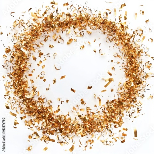 Festive Celebration with Swirling Golden Confetti and Serpentine Frame Isolated on White Background