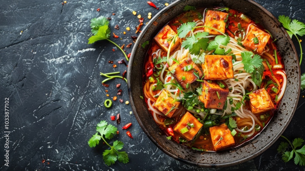 Delicious spicy Asian inspired tofu noodle bowl with colorful fresh vegetables chili peppers and aromatic herbs served on a dark textured background