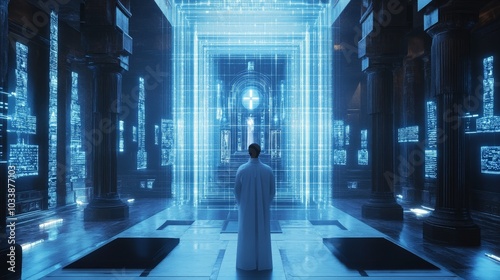 A futuristic scene where AI-driven spiritual guides offer personalized religious content through smart devices