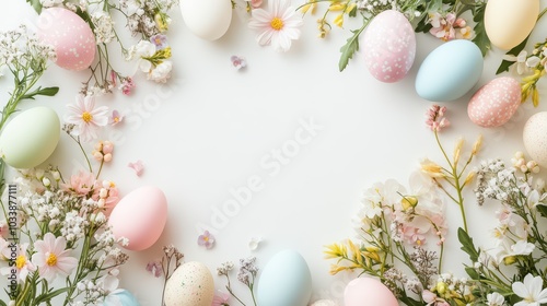 Colorful Easter eggs surrounded by delicate flowers, creating a festive and cheerful spring atmosphere for seasonal celebrations.