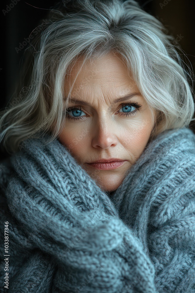 A woman with blue eyes and gray hair is wearing a gray scarf A woman with blue eyes and gray hair is wearing a gray scarf