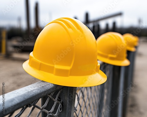 A row of yellow hard hats placed on a fence at a construction site, symbolizing safety and teamwork in the industry. photo