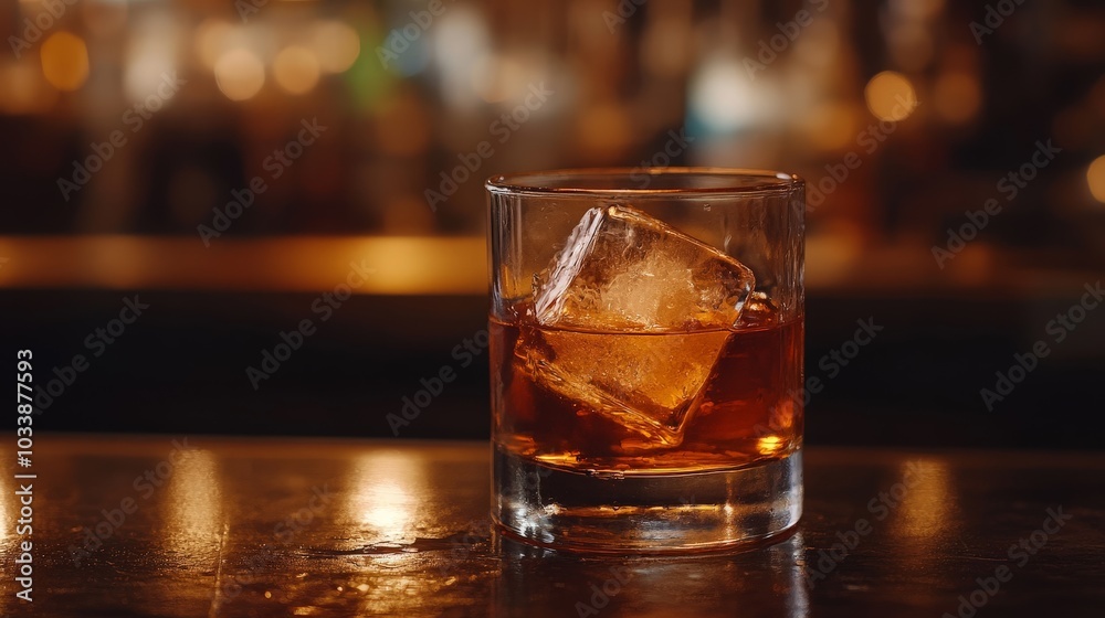A glass of whiskey with a large ice cube, resting on a dark wooden bar, highlighting the amber glow of the liquid A glass of whiskey with a large ice cube, resting on a dark wooden bar, highlighting the amber glow of the liquid