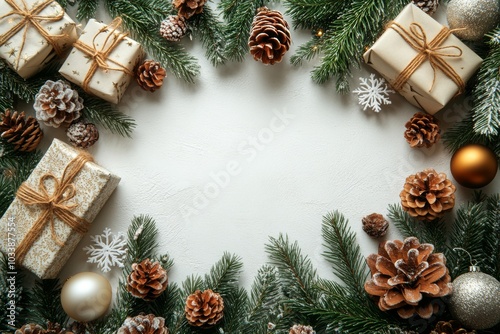 On white background, a gift box, branch of a fir tree, as well as decorations reflect the festive season, winter and the new year. Flat lay, top view, copy space available. photo