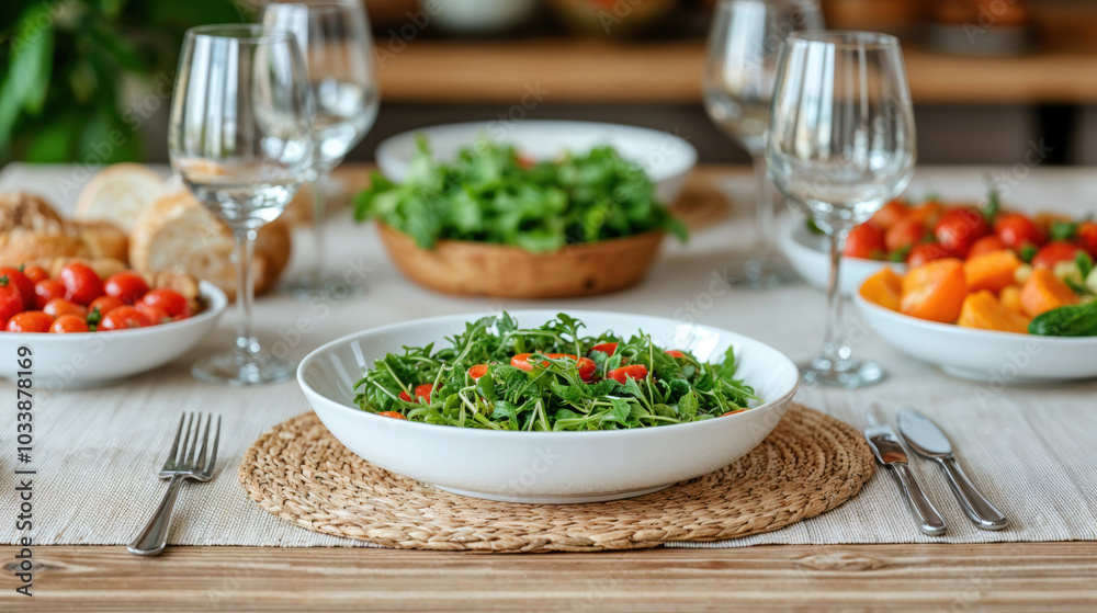 Arugula salad with cherry tomatoes in a white bowl on a table set for guests with side dishes of tomatoes, bread and vegetables Arugula salad with cherry tomatoes in a white bowl on a table set for guests with side dishes of tomatoes, bread and vegetables