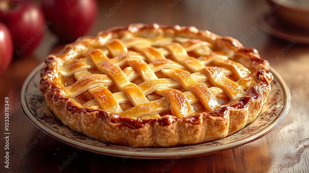 A perfectly baked apple pie with a golden lattice crust and a rich caramel drizzle, set on a vintage plate. The soft, warm lighting highlights the flaky crust and glossy caramel, A perfectly baked apple pie with a golden lattice crust and a rich caramel drizzle, set on a vintage plate. The soft, warm lighting highlights the flaky crust and glossy caramel,