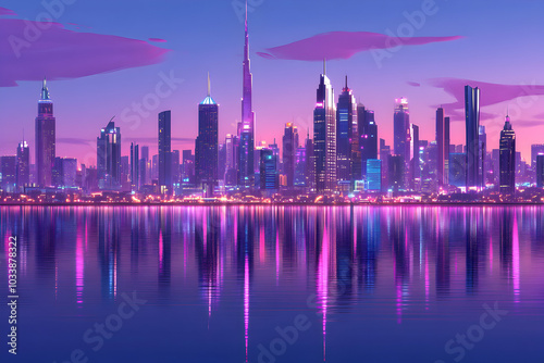 A vibrant cityscape with neon lights reflected in a calm body of water at dusk.