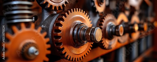 Close-up of metallic gears and cogs, showcasing intricate machinery details against a blurred background.