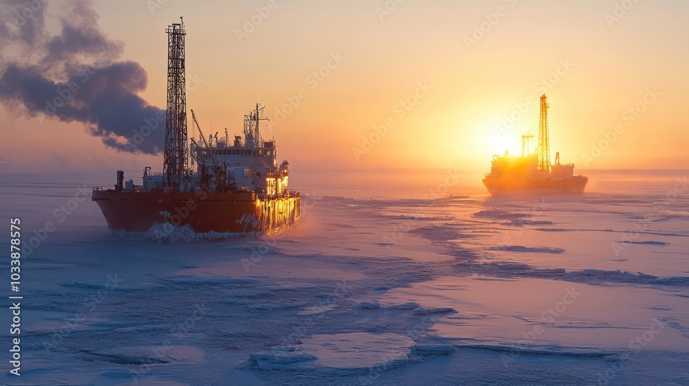 Fototapeta premium Two large oil tankers are in the water, one of which is on fire