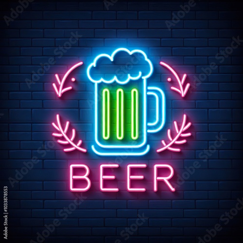 Neon beer sign. Nightly bright beer bar emblem photo