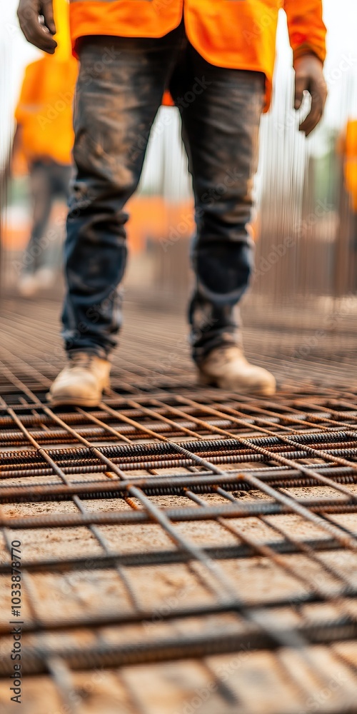 Construction workers on a metal framework site, wearing safety gear and working diligently. Construction workers on a metal framework site, wearing safety gear and working diligently.