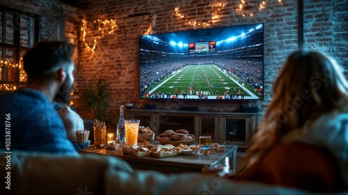 Friends gathered around a coffee table watching a football game on a large screen TV.
