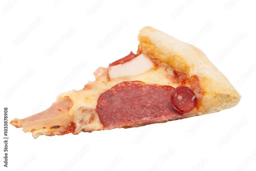Slice of salami pizza isolated on a white background. Sliced pizza overhead view. Slice of salami pizza isolated on a white background. Sliced pizza overhead view.