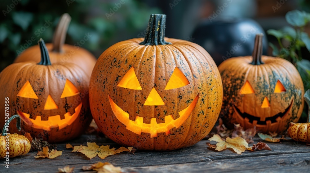 Obraz premium Three beautifully carved pumpkins with glowing faces, placed on a wooden surface surrounded by autumn leaves, creating a festive Halloween ambiance