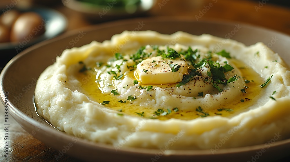 A plate of perfectly creamy mashed potatoes with a golden swirl of butter melting on top, garnished with freshly chopped parsley. A plate of perfectly creamy mashed potatoes with a golden swirl of butter melting on top, garnished with freshly chopped parsley.