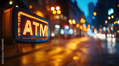 A brightly lit ATM sign glows on a bustling city street during the evening with blurred lights from surrounding buildings and traffic