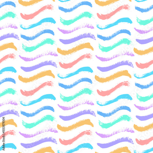 Vector waves pattern. Seamless colorful brush stroke background. Wavy print in pink, purple, blue, orange, yellow and white colors. Painted ornament for kids. Rainbow motif. Childish design
