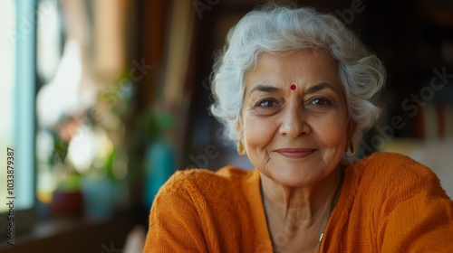 An Elegant Indian Grandma In A Cozy Orange Sweater Sitting By The Window generative ai