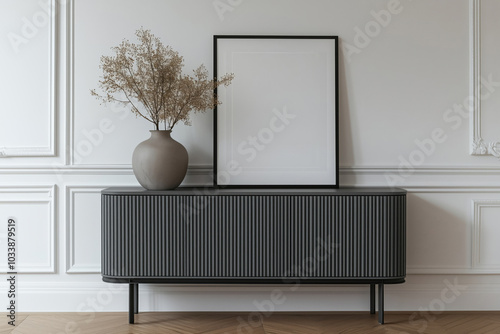 Wooden mock up frame on the wall in the modern minimalist room with a sideboard photo