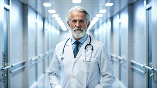 Experienced Senior Doctor with Stethoscope in Modern Hospital Corridor