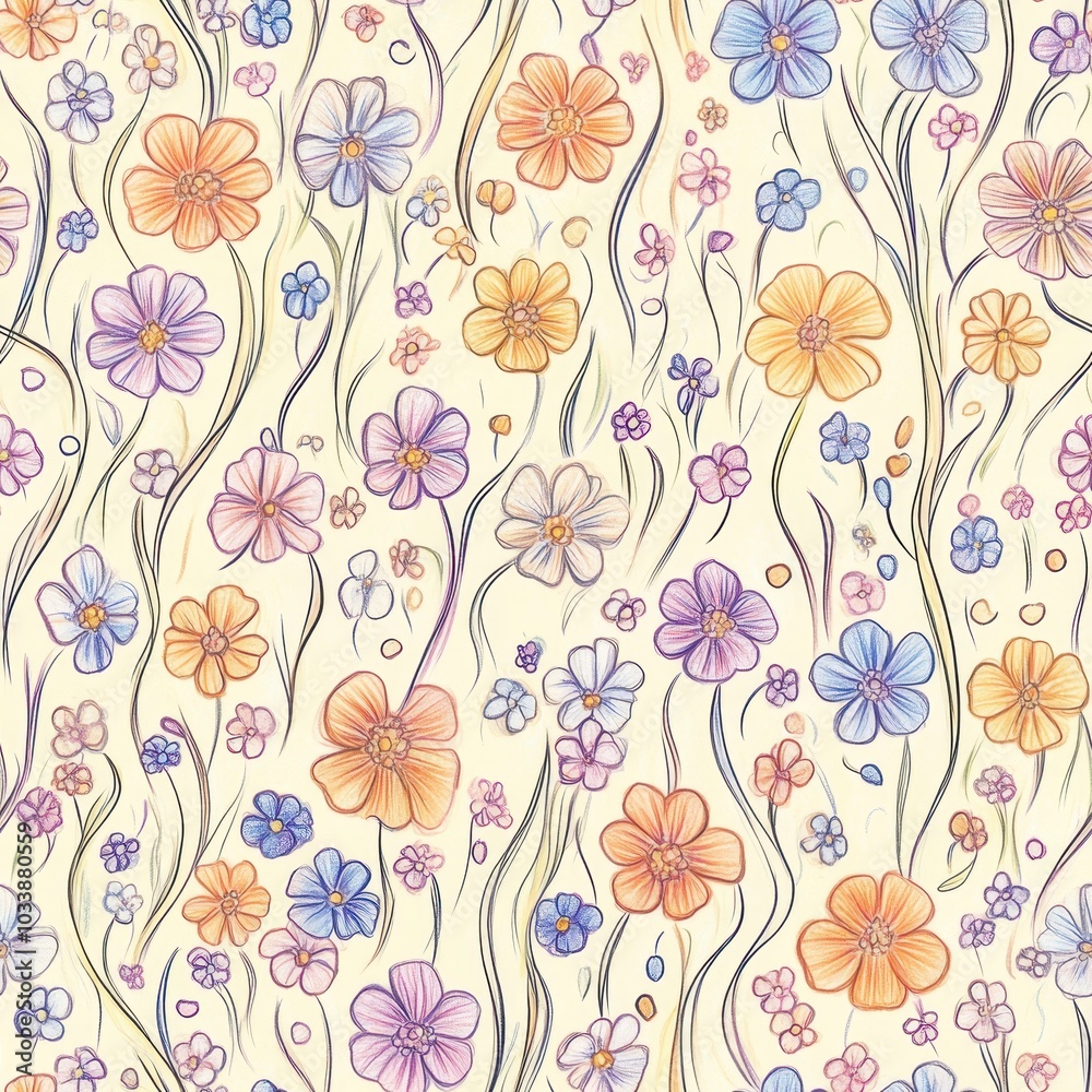 Obraz premium Floral Pattern with Colorful Hand-Drawn Flowers and Whimsical Lines