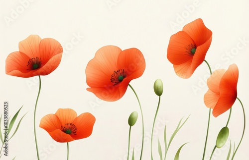 Delicate watercolor poppies with minimal details, soft red petals on a light cream background, seamless pattern