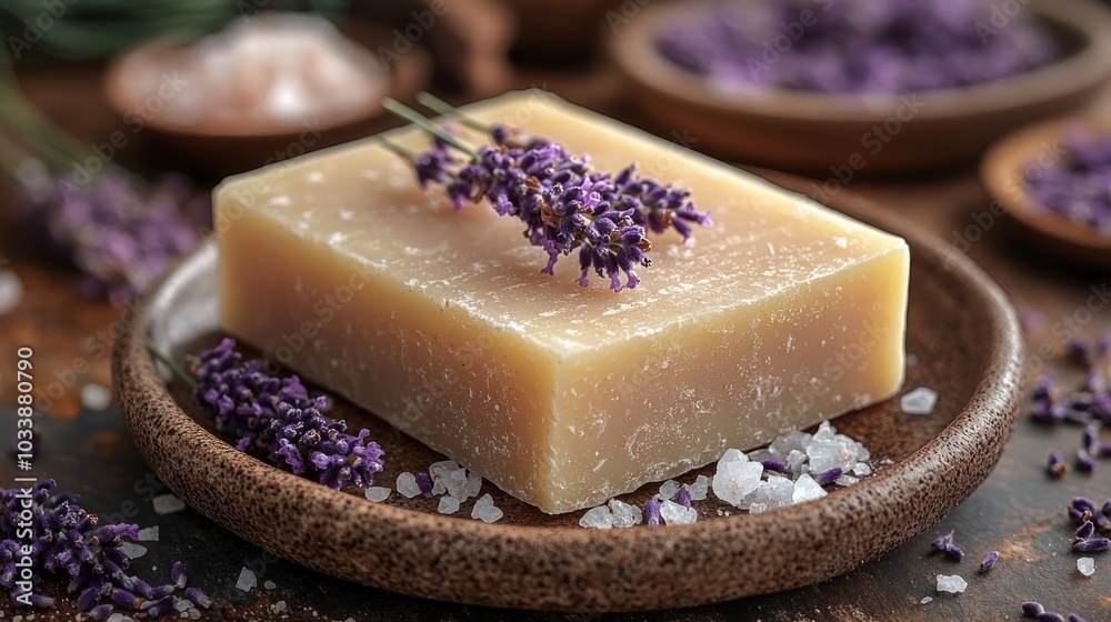 Lavender soap surrounded by salt and lavender flowers on a wooden surface. Lavender soap surrounded by salt and lavender flowers on a wooden surface.