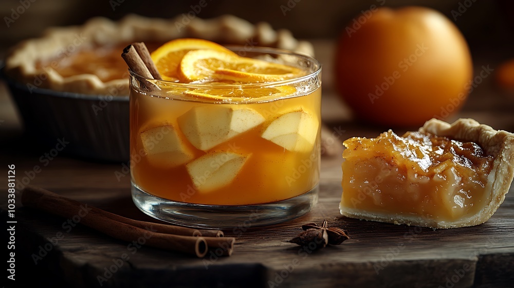 A rustic autumn setting with a glass of spiced apple cider, cinnamon sticks swirling inside, and orange slices floating at the top, beside a slice of warm pie. A rustic autumn setting with a glass of spiced apple cider, cinnamon sticks swirling inside, and orange slices floating at the top, beside a slice of warm pie.