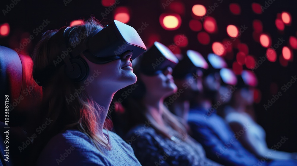 A group of people wearing virtual reality headsets are sitting in a dark room A group of people wearing virtual reality headsets are sitting in a dark room
