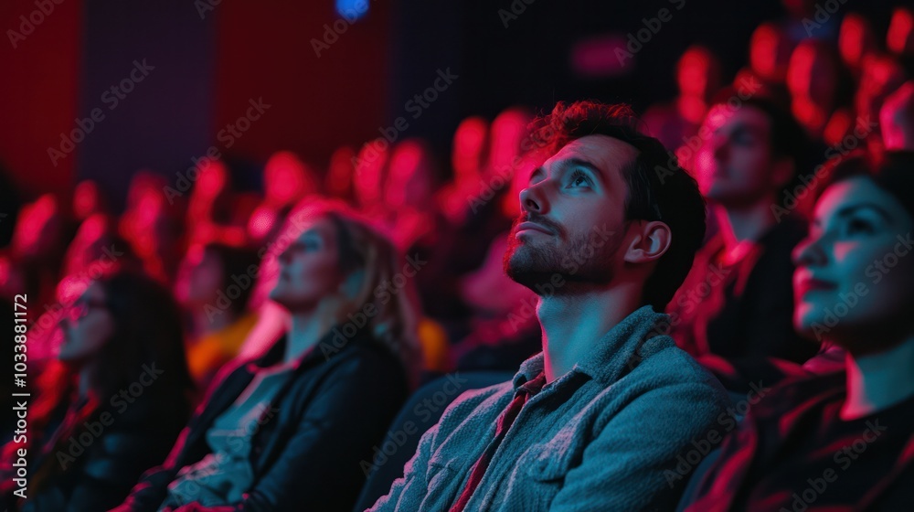 A man with a beard is sitting in a dark theater with a crowd of people A man with a beard is sitting in a dark theater with a crowd of people