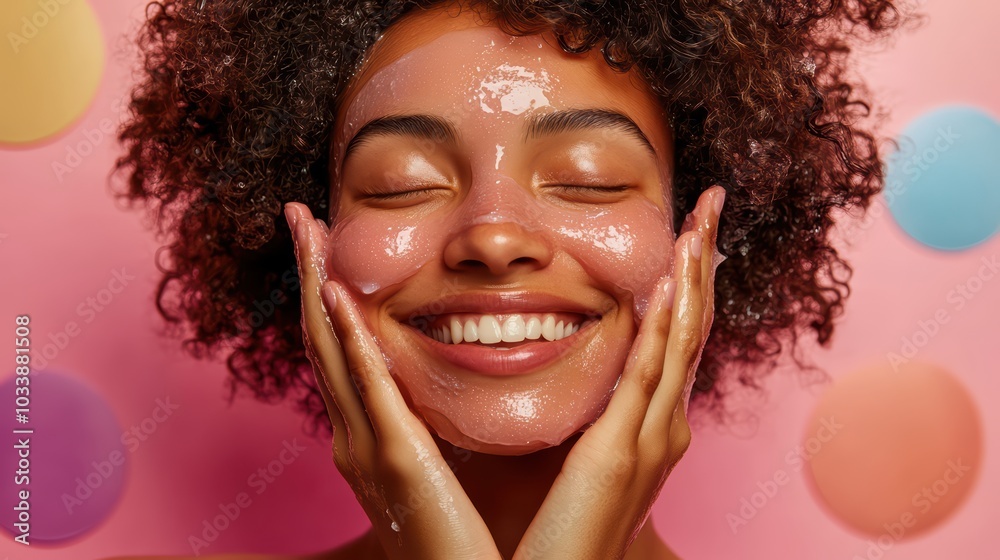 Joyful woman enjoying her skincare routine with a bright smile against a colorful background, radiating beauty and confidence. Joyful woman enjoying her skincare routine with a bright smile against a colorful background, radiating beauty and confidence.