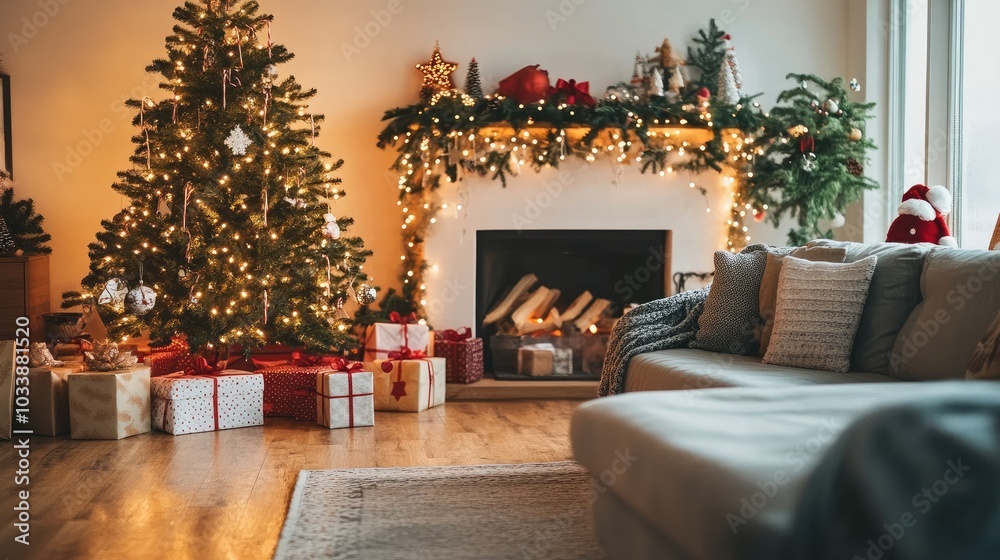 A brightly decorated living room with a glowing Christmas tree in one corner, twinkling lights across the mantel, and presents neatly stacked under the tree. A brightly decorated living room with a glowing Christmas tree in one corner, twinkling lights across the mantel, and presents neatly stacked under the tree.