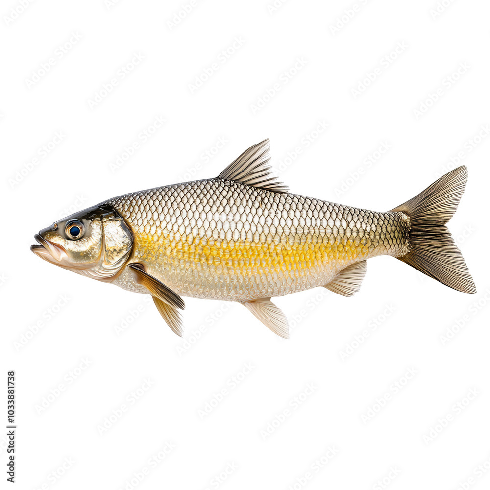 Fish with a silver body and yellow accent, white isolate background Fish with a silver body and yellow accent, white isolate background