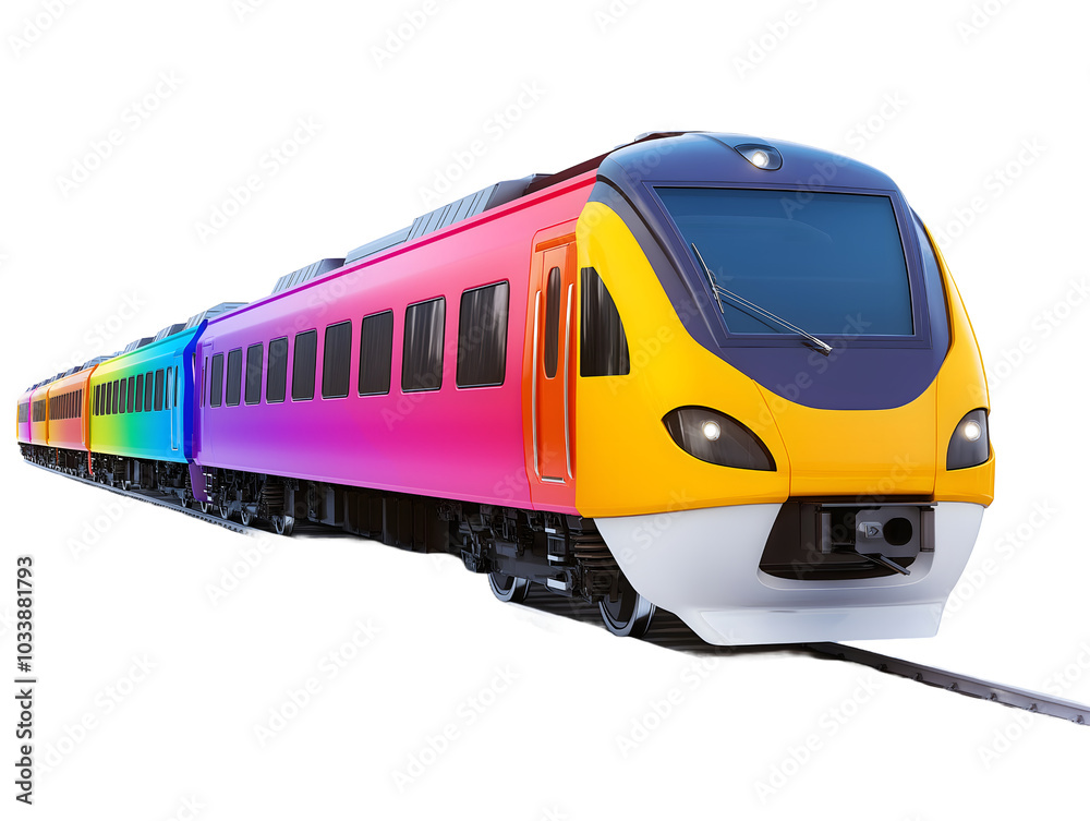 Fototapeta premium Colorful Passenger Train with Multiple Carriages on a Transparent Background