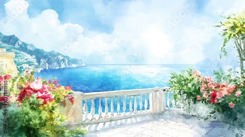 Serene Coastal Balcony View with Blossoming Flowers and Azure Sea