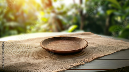 Empty wooden plate on a table with a blurred natural background, a mock up for a product display presentation design. A wooden tray on a burlap cloth over a blurred green garden background
