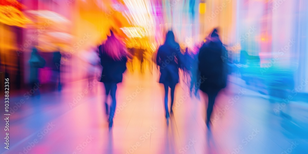 Blurred figures walking through a vibrant high-tech exhibition space. Blurred figures walking through a vibrant high-tech exhibition space.