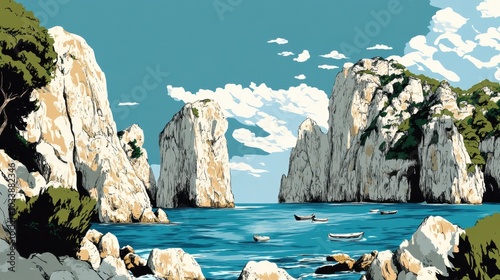 Idyllic Mediterranean Sea Cliffs with Boats and Clear Blue Sky